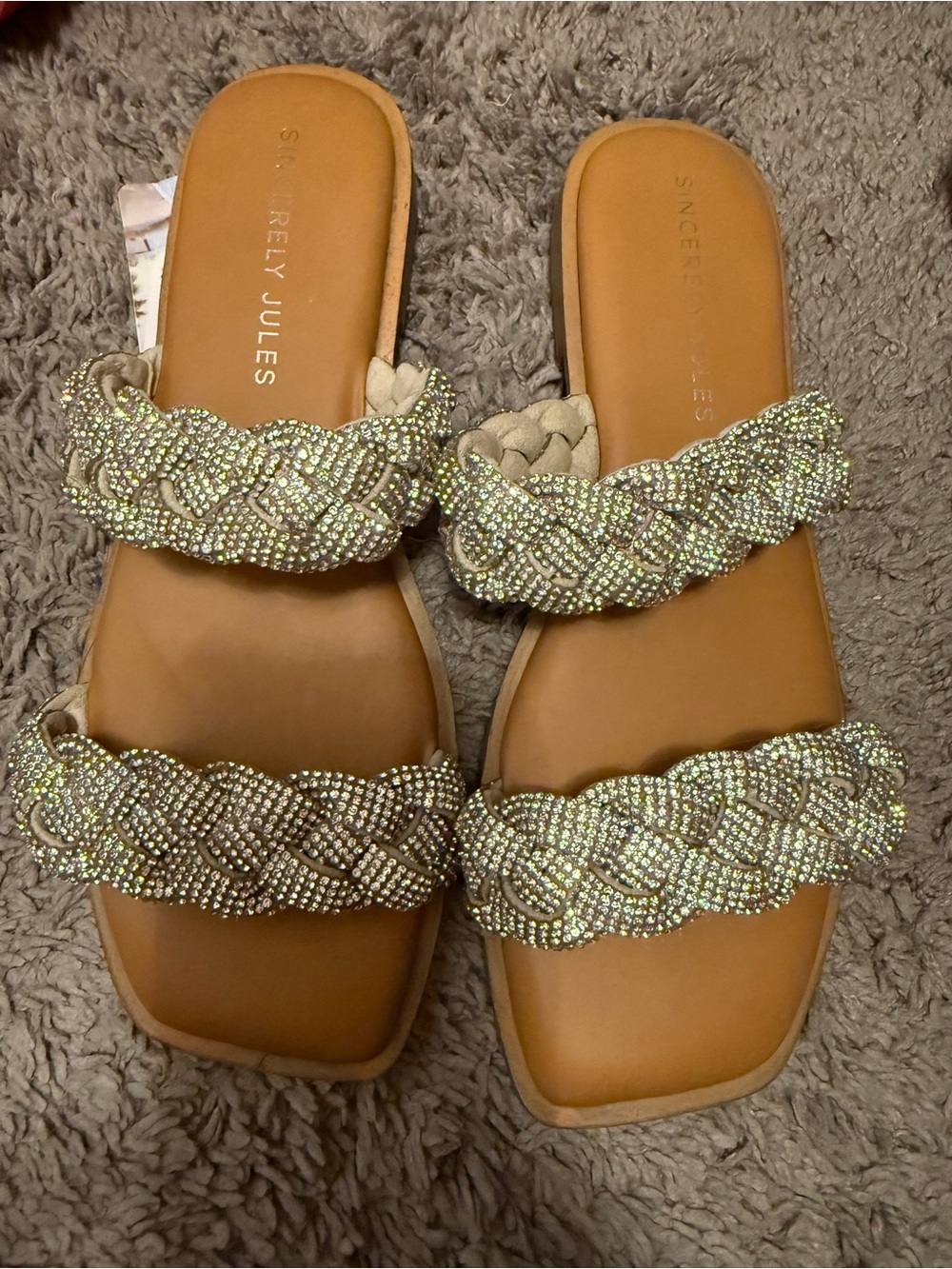 Sincerly Jules Crystal Braided Double-Strap Slide Sandals - Gold